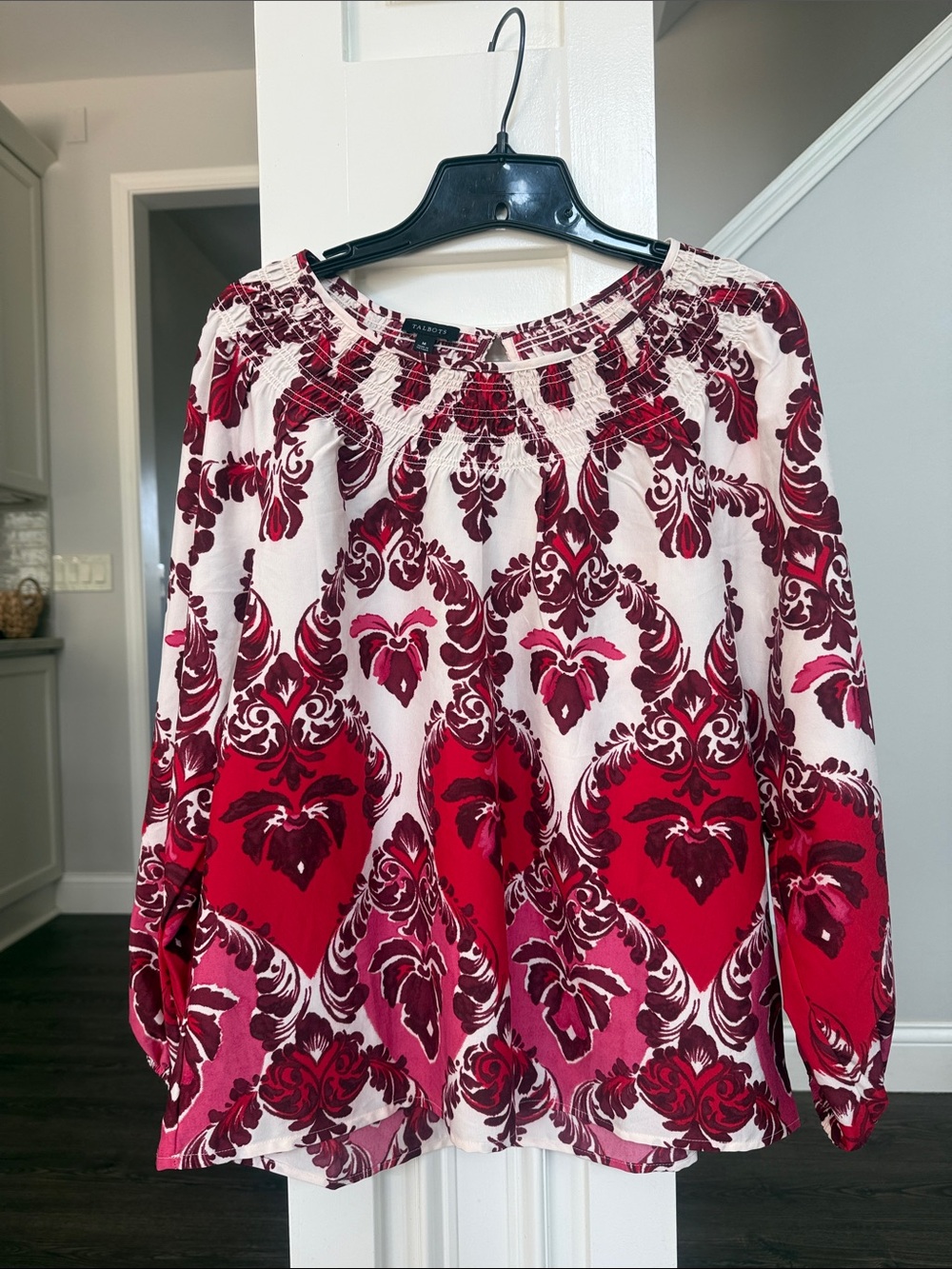 Talbots NWOT Red Pink Purple Floral Print Peasant Top M - Picture 2 of 9